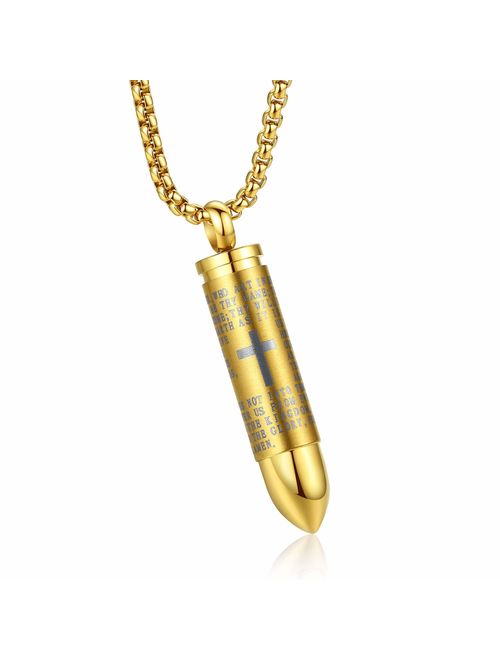 MONIYA Stainless Steel Bullet Pendant Urn Ashes Necklace Cross Lords Prayer in English, 22inch Box Chain