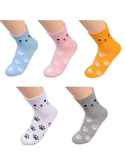 Kids Girls Cotton Cute Fun Socks 5 Pairs Cat Low Cut Crew Ankle No Toe Seam from 1-15 Years