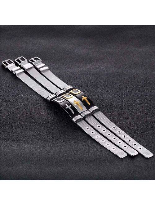 Reizteko Stylish Men's Adjustable Bracelet Cross Stainless Steel Mesh Chain Wrist Band Bracelet