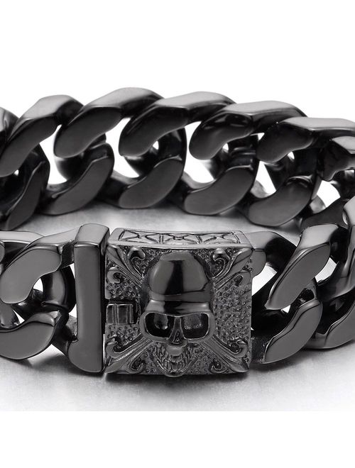 COOLSTEELANDBEYOND Mens Large Stainless Steel Curb Chain Bracelet with Fleur De Lis and Skull, Biker Gothic, Polished