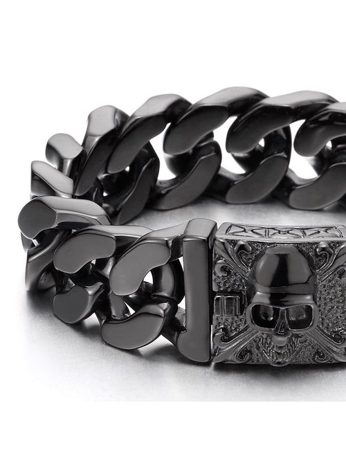 COOLSTEELANDBEYOND Mens Large Stainless Steel Curb Chain Bracelet with Fleur De Lis and Skull, Biker Gothic, Polished