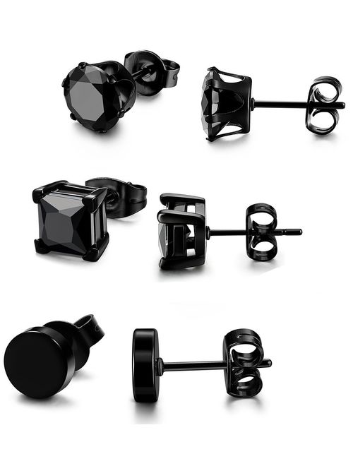 FIBO STEEL 3 Pairs Stainless Steel Black Stud Earrings for Men Women CZ Earrings, 3mm-8mm Available