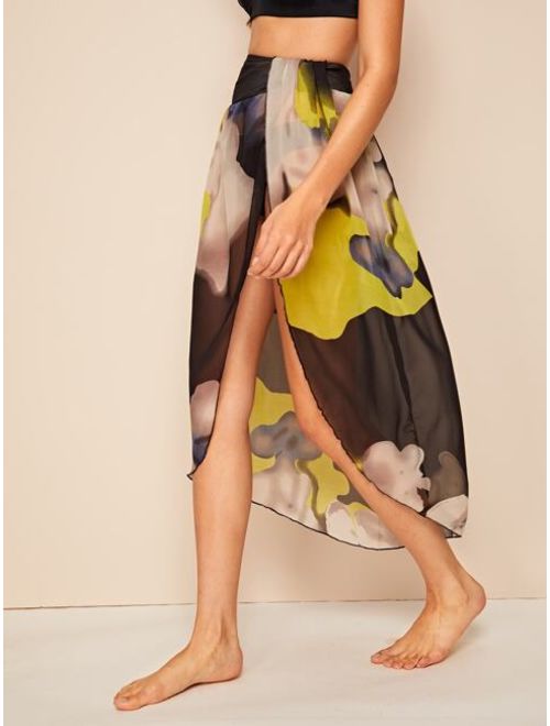 Shein Shirred Waist Split Thigh Abstract Print Sheer Mesh Skirt