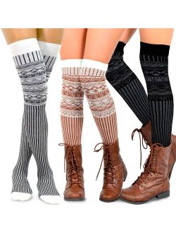 Teehee Women's Fashion Extra Long Cotton Thigh High Socks - 3 Pair Pack