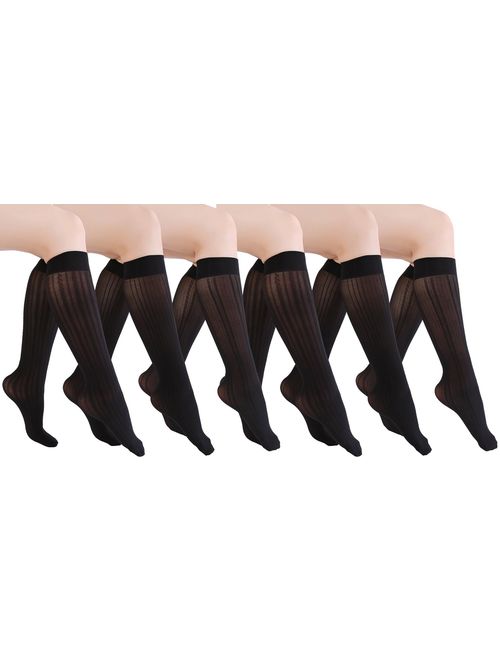 Women's 6 Pack Silky Sheer Knee High Trouser Socks Reinforced Toe