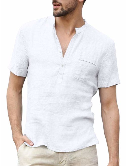 Enjoybuy Mens Linen Henley Shirts Short Sleeve Casual Summer T Shirt Banded Collar Beach Tops