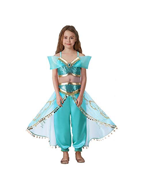 Pettigirl Girls Princess Dress Up Costume Teal & Gold Outfit