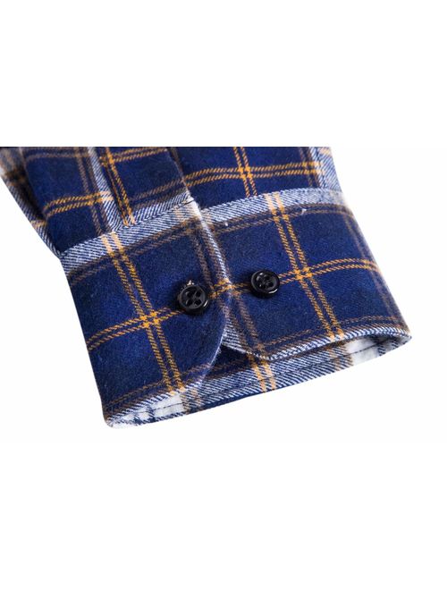 PIZZ ANNU Men's 100% Cotton Long Sleeve Plaid Fleece Shirt Button Up Flannel Shirt