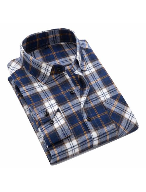 PIZZ ANNU Men's 100% Cotton Long Sleeve Plaid Fleece Shirt Button Up Flannel Shirt
