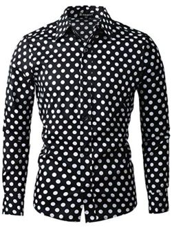 uxcell Men Polka Dots Long Sleeve Slim Fit Printed Dress Button Down Shirt