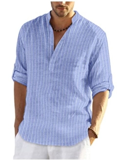 Men's Cotton Linen Henley Shirt Long Sleeve Hippie Casual Beach T Shirts