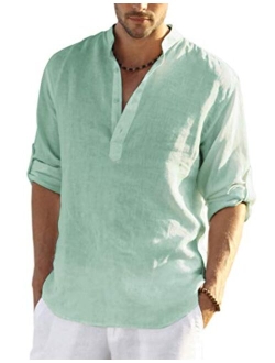 Men's Cotton Linen Henley Shirt Long Sleeve Hippie Casual Beach T Shirts