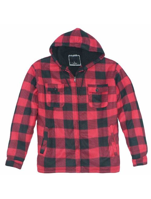 Men's Hoodies Flannel Full Zip Sherpa Lined Heavy Fleece Plaid Warm Hooded Jackets,S-5XL