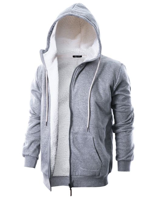 GIVON Mens Slim Fit Long Sleeve Thermal Faux Fur Zip-up Hoodie with Kanga Pocket