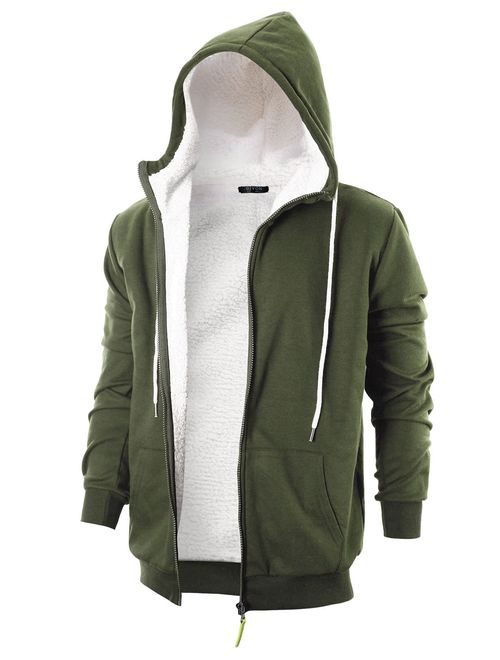 GIVON Mens Slim Fit Long Sleeve Thermal Faux Fur Zip-up Hoodie with Kanga Pocket