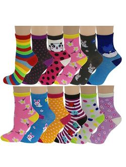 Different Touch 12 Pairs Pack Kids Girls Colorful Creative Fun Novelty Design Crew Socks