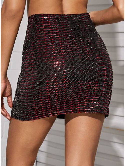 Shein Elastic Waist Split Hem Sequin Skirt