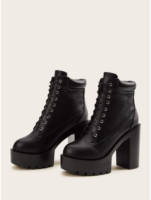 Lace-up Front Lug Sole Black Chunky High Heeled Boots