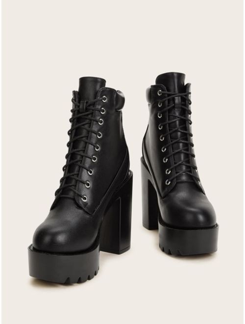 Lace-up Front Lug Sole Black Chunky High Heeled Boots