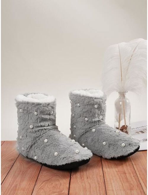 Faux Pearl Decor Fluffy Ankle Boots