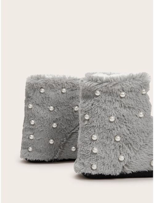 Faux Pearl Decor Fluffy Ankle Boots