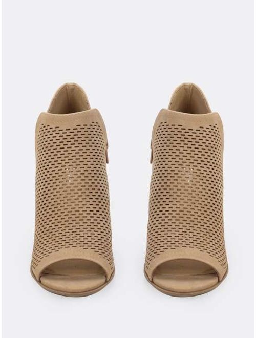 Open Toe Perforated Double V Side Slit Boots NATURAL