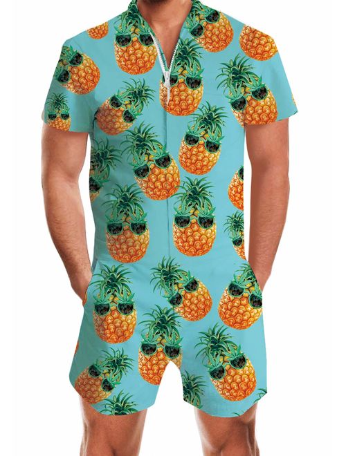 TUONROAD Mens 3D Graphic Rompers Summer Hipster Short Sleeve Jumpsuit