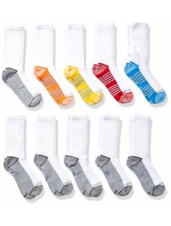 Big Boys' 10 Pack Crew Socks, White/Gray/ Blue/ Green/ Orange/Red, Shoe Size: 3-9