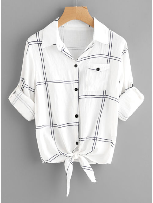 Roll Tab Sleeve Knot Front Grid Shirt