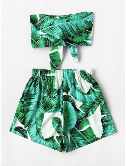 Leaf Print Random Bow Tie Crop Bandeau Top With Shorts