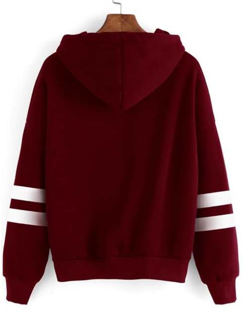 Burgundy Drop Shoulder Varsity Striped Hooded Sweatshirt
