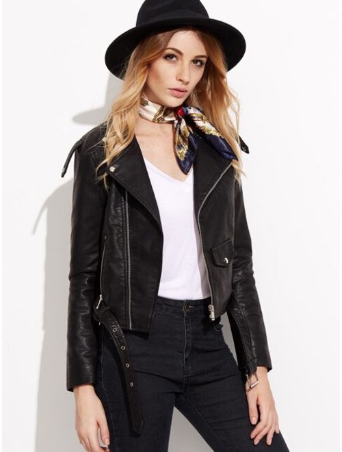 BLack Faux Leather Belted Moto Jacket With Zipper