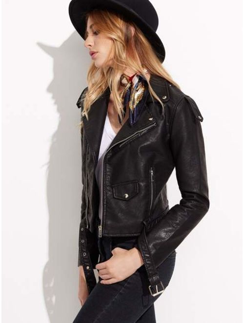BLack Faux Leather Belted Moto Jacket With Zipper