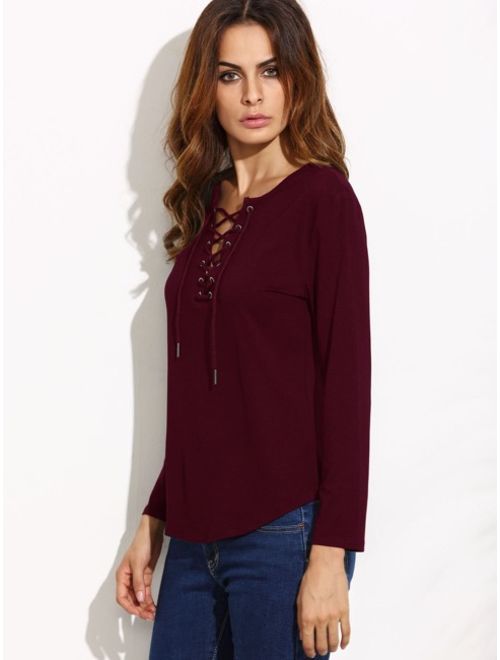 Burgundy Lace Up Long Sleeve T-shirt