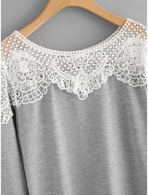 Contrast Guipure Lace Curved Hem Tee