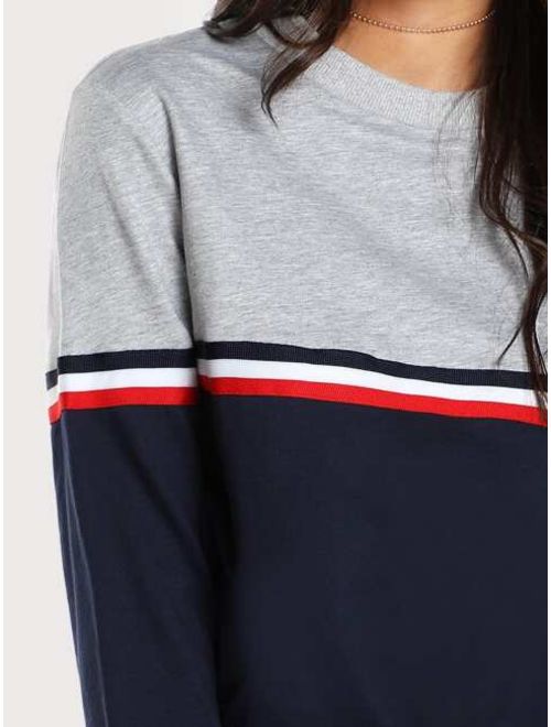 Shein Striped Woven Tape Detail Two Tone Sweatshirt