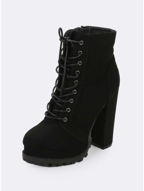 Lace Up Lug Sole Chunky Heel Platform Booties