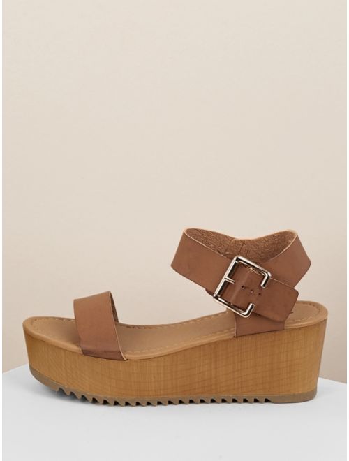 Thick Buckled Ankle Strap Single Band Wedge Sandals TAN
