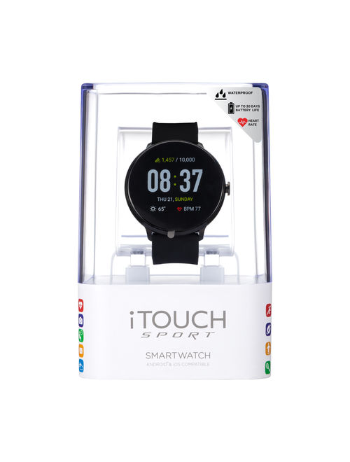 iTouch Sport Silicone Strap Smartwatch with Pedometer - Black/Black