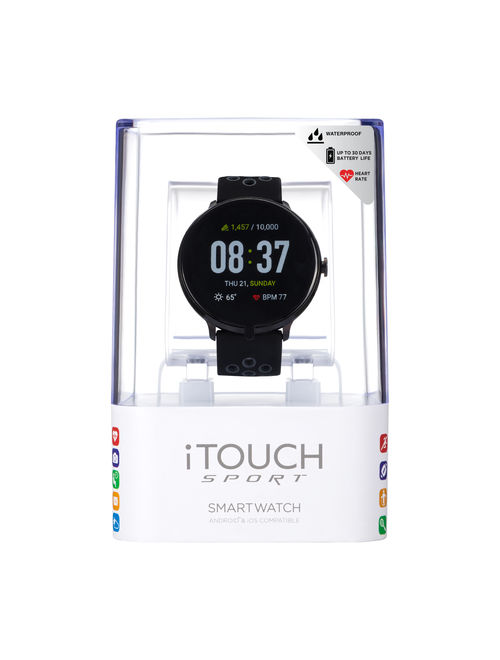 iTouch Sport Perforated Silicone Strap Smartwatch with Pedometer - Black/Grey/Black