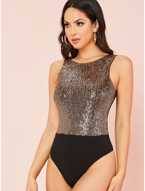 Shein Contrast Sequin Panel Fitted Bodysuit