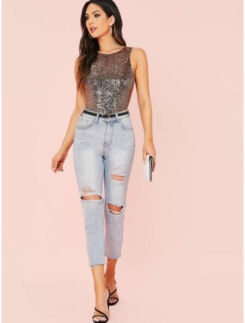 Shein Contrast Sequin Panel Fitted Bodysuit