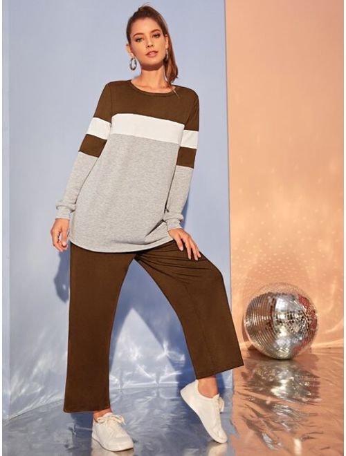 Shein Color Block Longline Pullover & Sweatpants Set Without Bag