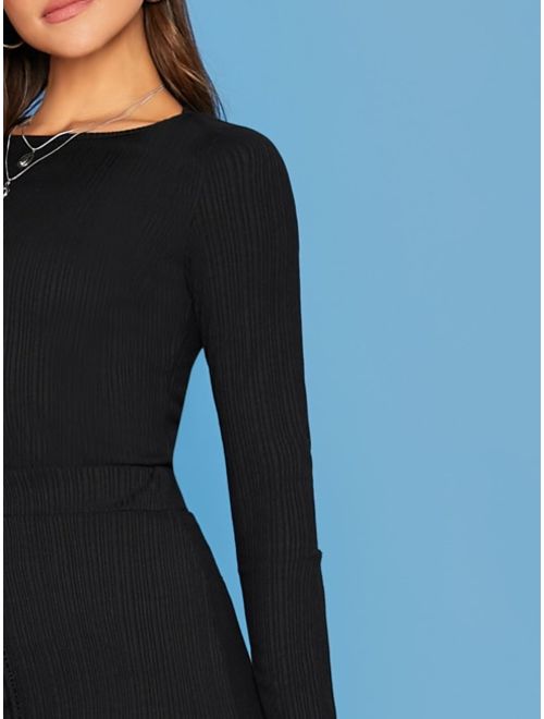 Shein Button Detail Split Sleeve Rib-knit Tee and Pencil Skirt Set