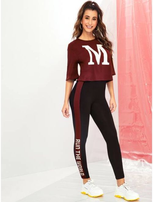 Shein Letter Graphic Tee & Striped Side Leggings Set