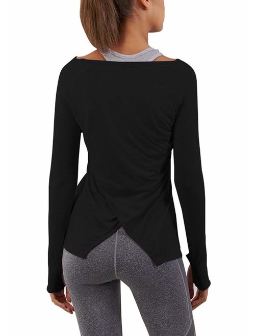 ICTIVE Womens Workout Shirts Long Sleeve Open Back Fitness Athletic Tops for Women with Thumb Holes 