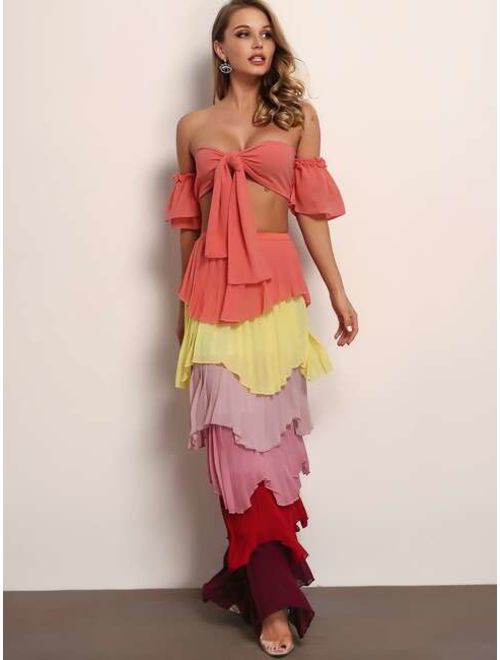 Joyfunear Flounce Sleeve Knot Bardot Top & Tiered Layered Skirt Set
