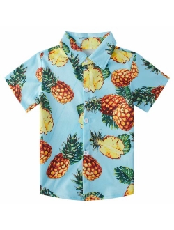 Ahegao Little & Big Boy's Button Down Hawaiian Shirts Short Sleeve Cool Cartoon Print Aloha Dress Tops T-Shirt for Kids 7-14T