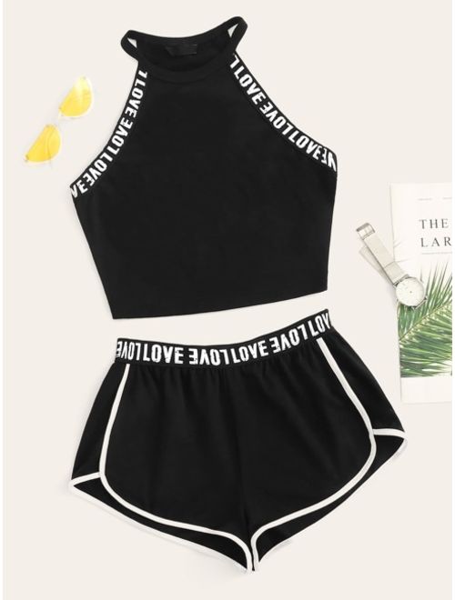 Shein Lettering Detail Tape Top & Dolphin Shorts Set