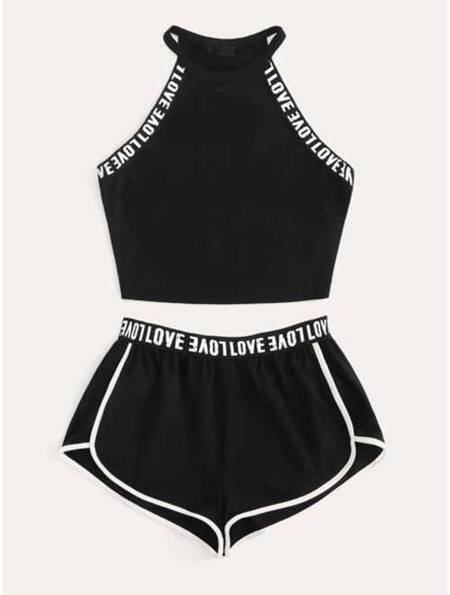 Shein Lettering Detail Tape Top & Dolphin Shorts Set